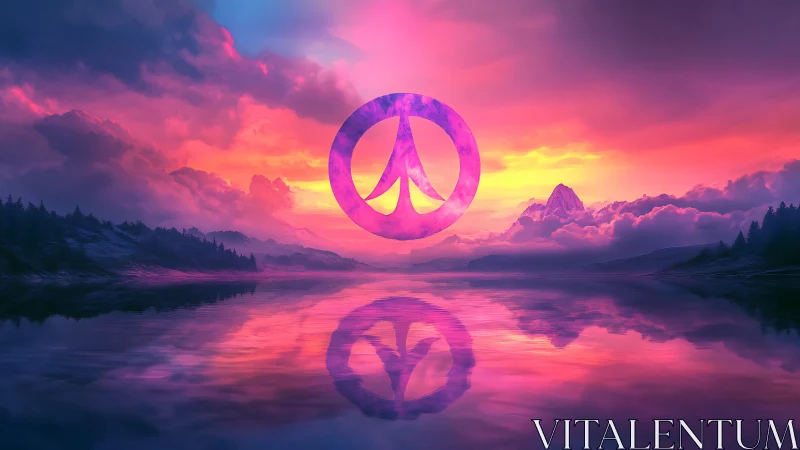 Neon peace symbol floats over surreal sunset lake horizon.