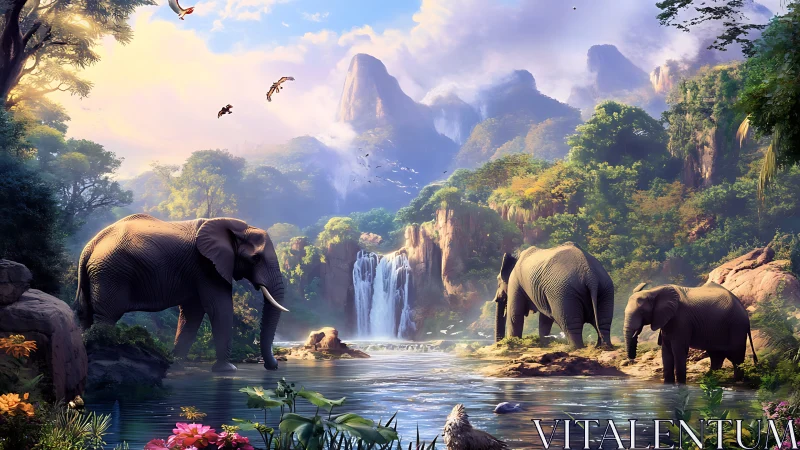 Elephants at lithic cascade basin under atmospheric perspective.