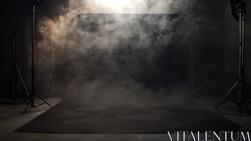 Empty dark photo studio set filled with dramatic smoke.