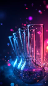 Neon laboratory glassware lineup in vibrant digital painting style.