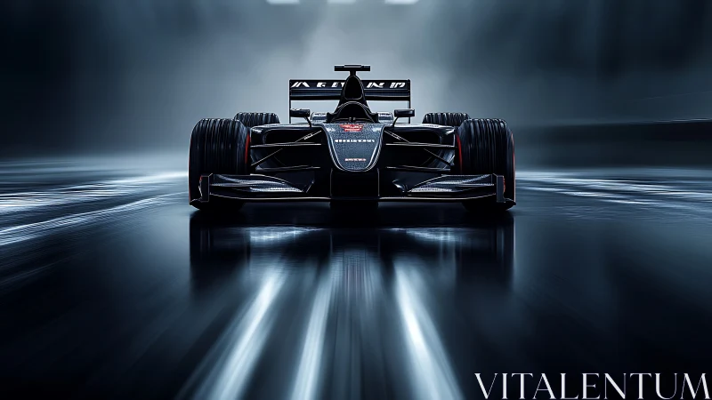 Sleek black Formula race car charges through a moody tunnel