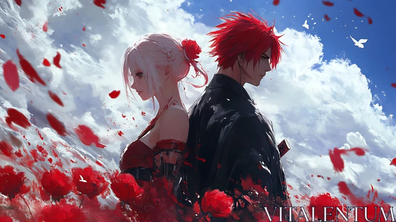 Two anime warriors stand back to back in a storm of red petals