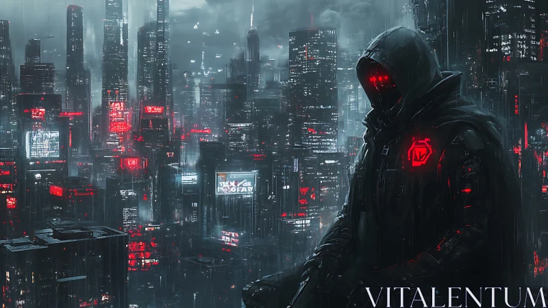 Hooded cybernetic sentinel surveys neon-drenched rain cityscape