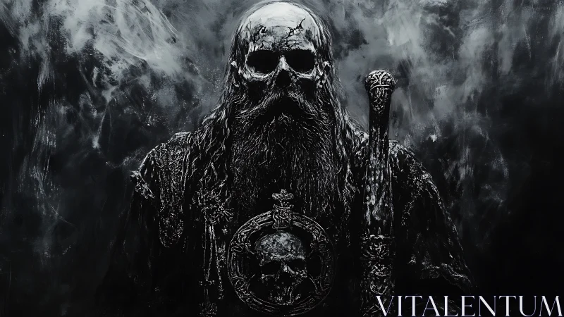 Skeletal robed figure holds ornate staff in smoky darkness