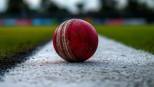 Weathered red cricket ball rests on boundary line with shallow DOF