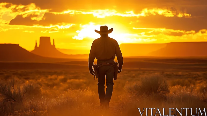 Cowboy silhouette in desert landscape at intense sunset light.