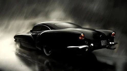 Vintage black coupe on wet road in heavy rainfall at night.