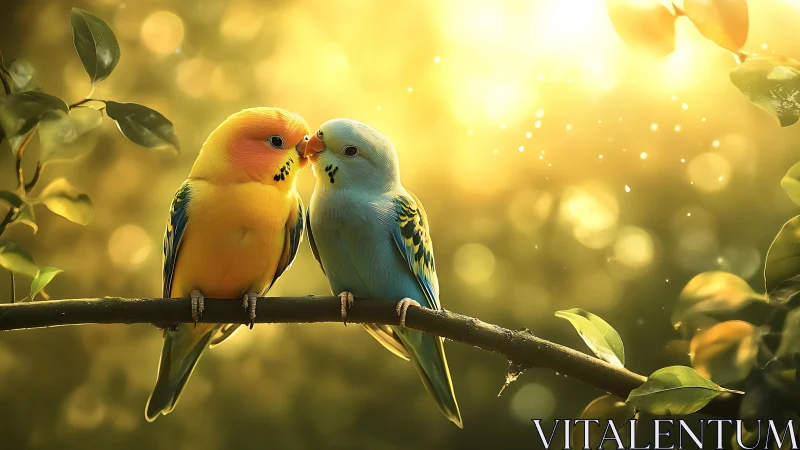 Two Colorful Budgies Perched on a Branch in Dreamy Sunlight.