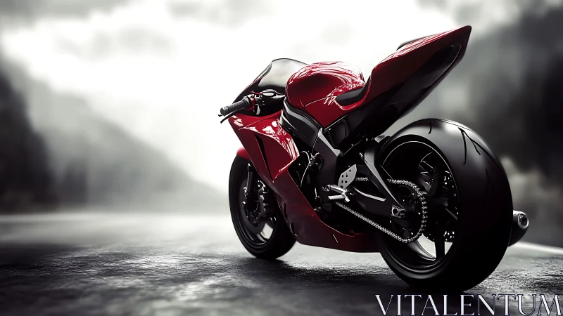 Sleek red sport motorcycle waits on a misty open road