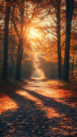 Golden Forest Path at Sunrise: Nature's Glowing Embrace