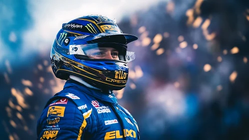 Racing driver portrait under dynamic bokeh sparks in motion
