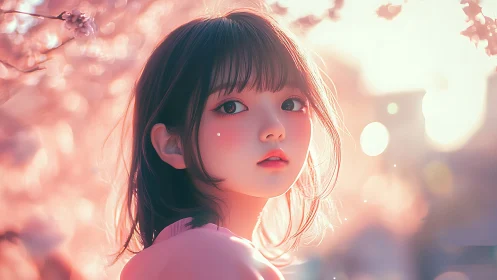 Anime girl in soft pink light under blurred blossoms.