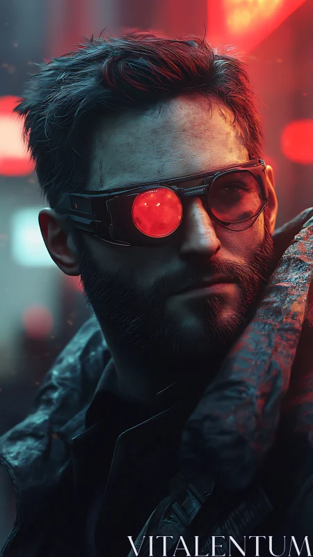 Cybernetic wanderer gazes through glowing red mono-lens.