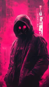 Hooded masked figure in neon pink urban environment.