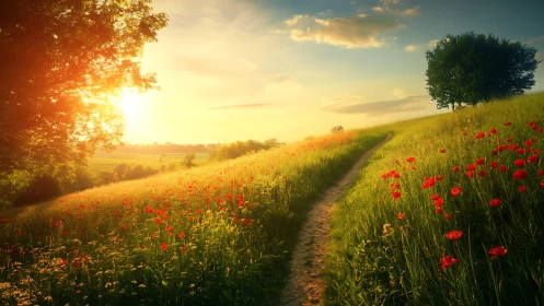Sunlit country path curves through poppy meadow at golden hour