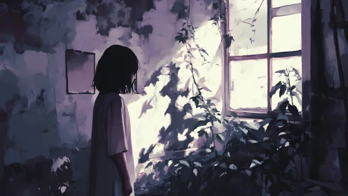 Silent girl watching overgrown window in pale morning light.