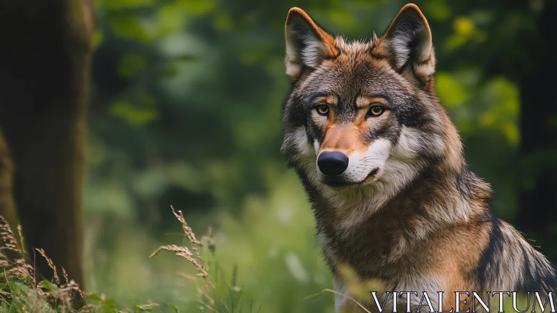Gentle wolf pauses in a quiet green forest clearing