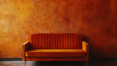 Cozy burnt orange sofa against a warmly textured wall.