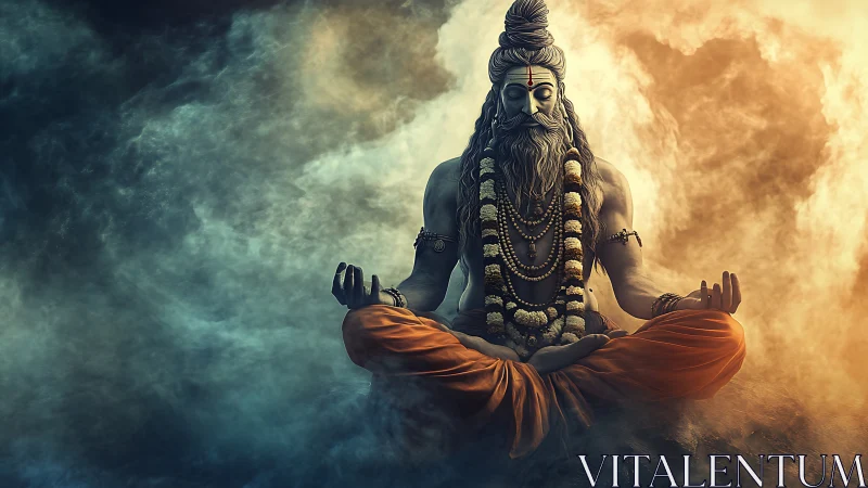 Meditating ascetic statue sits cross-legged amid colored smoke