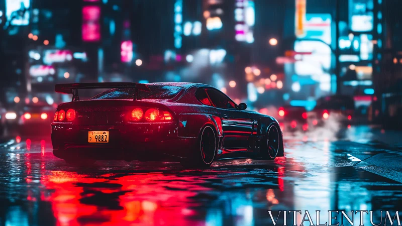 Neon-soaked street racer lounges in a rain-slicked cyber city