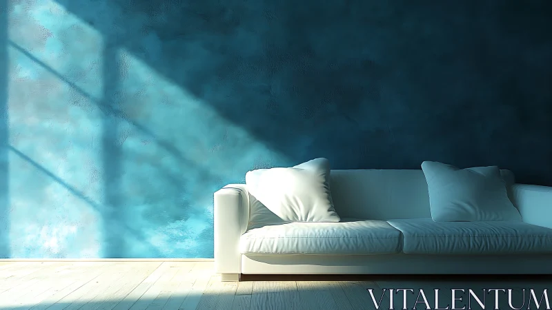 Sunlit white sofa resting against deep blue textured wall.