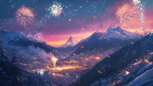 Fireworks over snowlit mountain city under twilight haze.