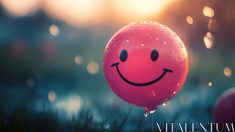 Wet smiley balloon in shallow-depth bokeh field at sunset.