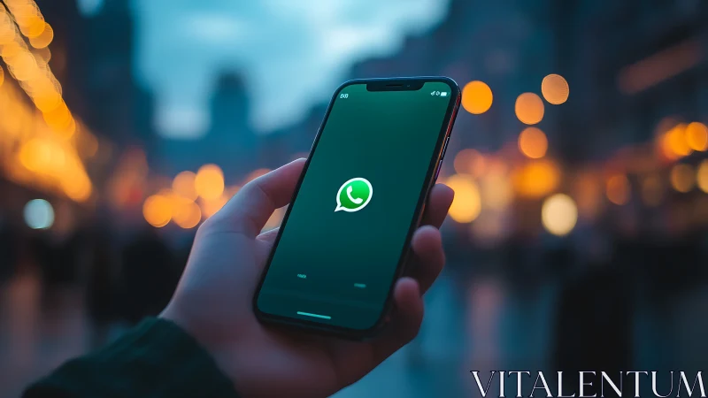 Smartphone hand-held at dusk displays WhatsApp launch screen sharply