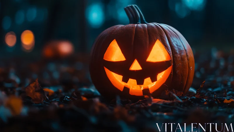 Glowing jack-o’-lantern in moody blue woodland twilight.