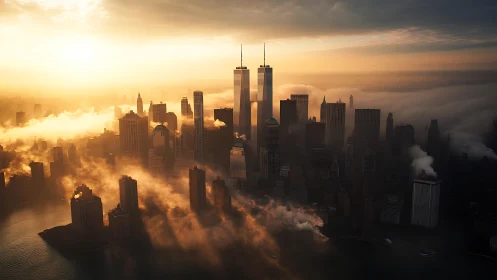 Sunlit skyscraper skyline rises through dense low fog bank