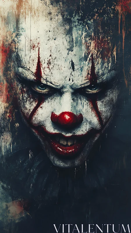 Distressed white-faced clown portrait with dark background.