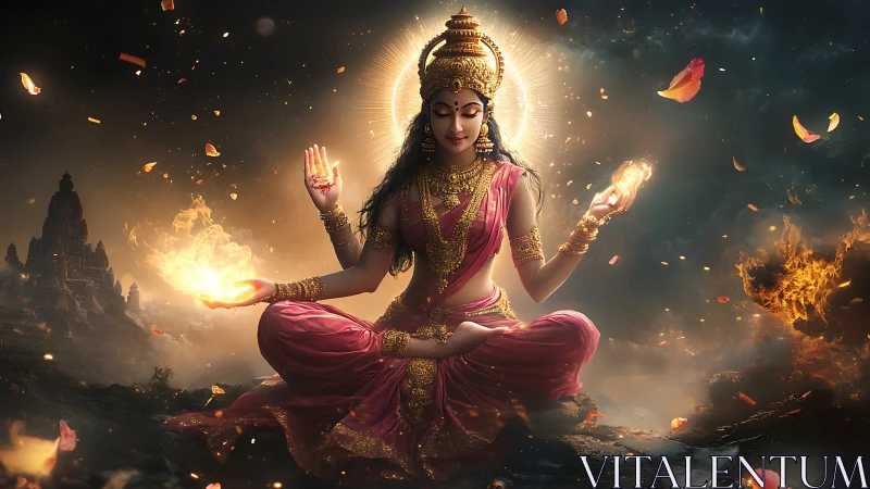 Hindu goddess figure in seated pose with fiery orbs. Period.