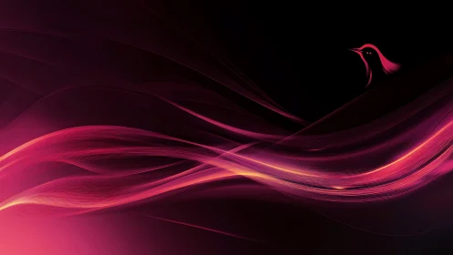 Neon avian silhouette emerges from flowing magenta light ribbons