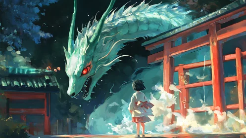 Digital painting of shrine gateway confronting ethereal dragon.