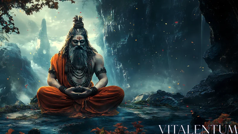 Seated ascetic meditates in rocky, mist-filled forest environment