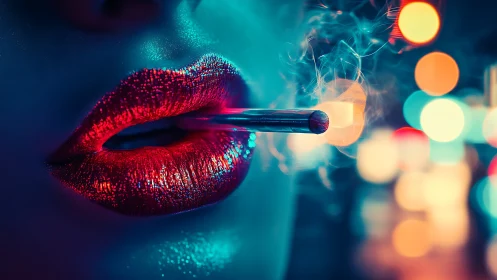 Close-up of glossy red lips with metal tube and smoke.