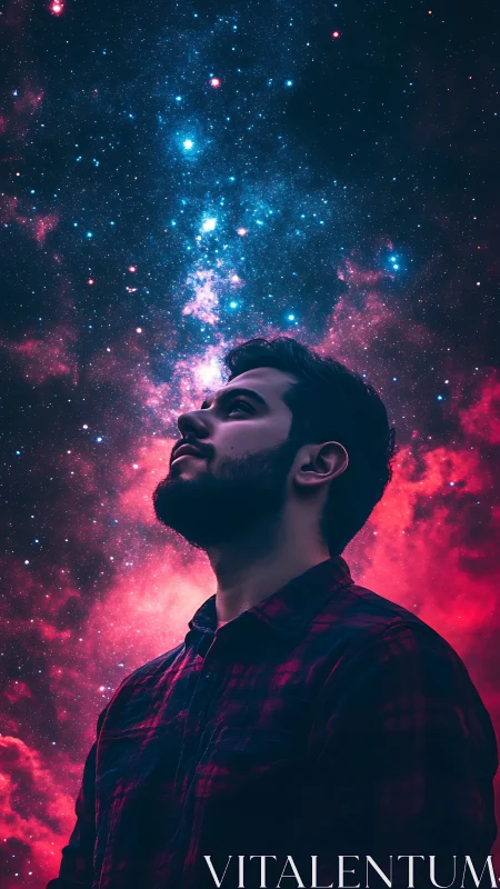 Stargazer draped in neon nebula dreams beneath cosmic tides.