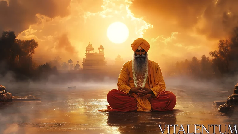 Sikh sage in lotus pose over misty river at radiant sunrise