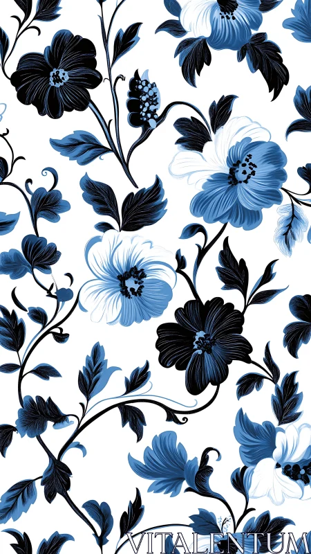 Blue and Black Floral Botanical Pattern with Organic Vine Flourishes.