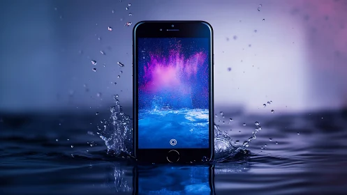 Water-Submerged Smartphone Displaying Cosmic Interface.