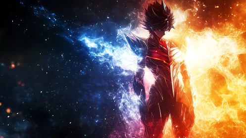 Elemental dusk warrior stands between ice and wildfire.