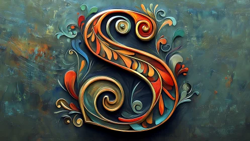 Ornate letter S in bold warm colors on textured backdrop.