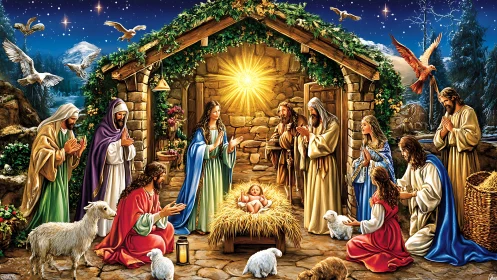 Radiant nativity scene glows under a peaceful winter night