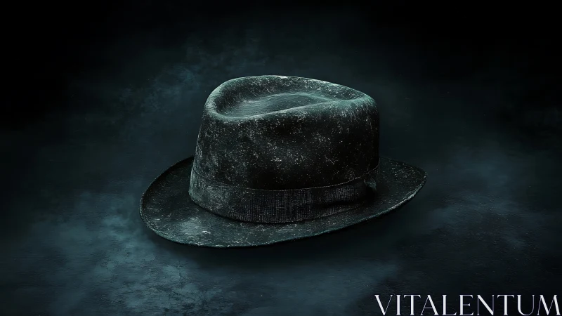 Weathered midnight fedora resting in cinematic fog.