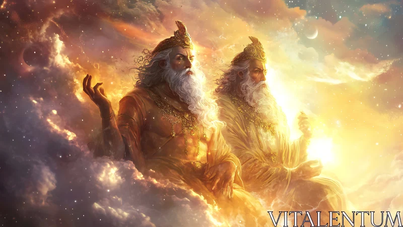 Celestial twin deities rendered in luminous volumetric nebula clouds