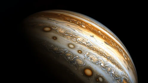 Jupiter’s stormy orchestra swirls in luminous bronze spirals