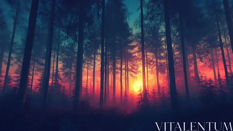 Forest Sunrise Through Tall Trees with Sky Gradient
