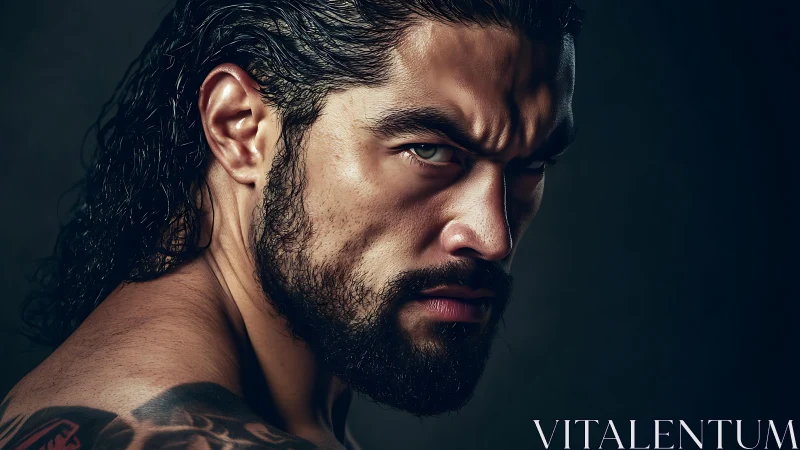 Close cropped portrait of muscular man with intense gaze.