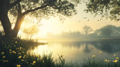 Backlit lakeside meadow captures low-angle sunrise haze and depth