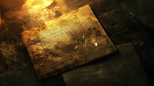 Illuminated aged text page lies on layered printed sheets